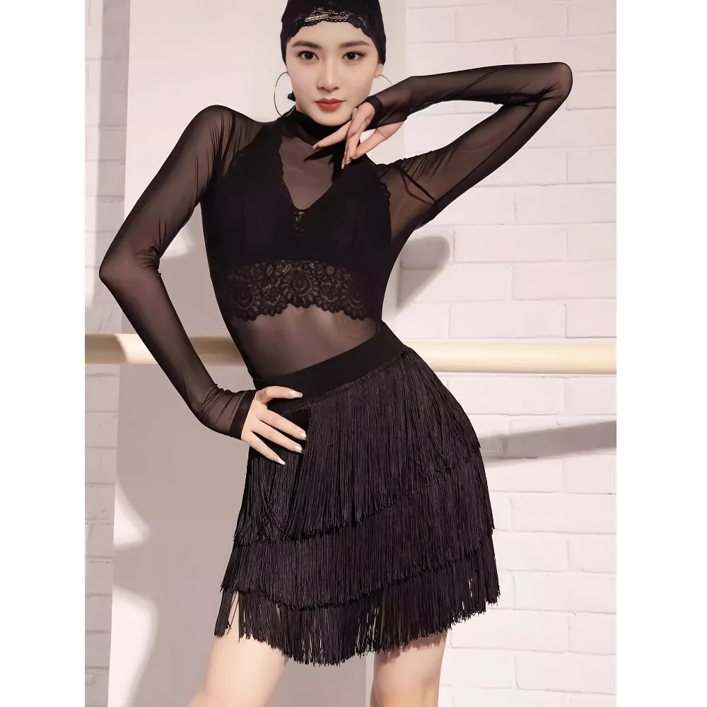 패션 숏 라틴 댄스 스커트 태슬 삼중 레이어 발레 스커트 피트니스 조절 가능한 차차 댄스웨어 여성용