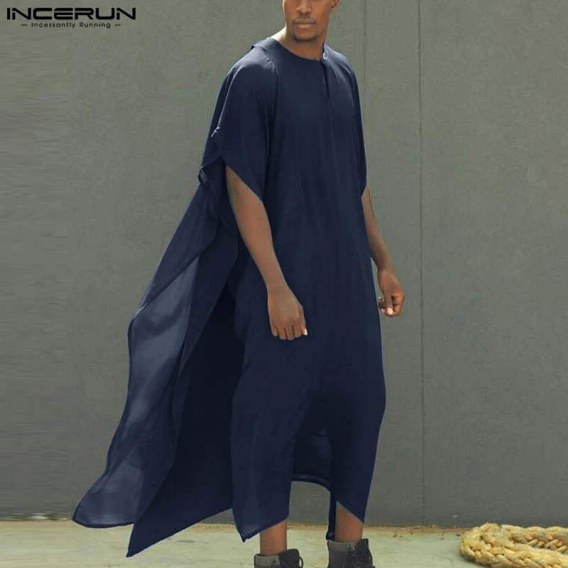 2023 erkekler müslüman jumuslim Thobe o-boyun kısa kollu katı Vintage düzensiz Kaftan erkekler İslami arapça Kaftan erkekler elbiseler S-5XL INCERUN