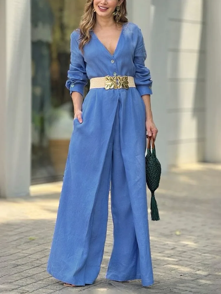 UOOZEE Women's Solid Color Cotton Jumpsuit Elegant V Neck Long Sleeves Wide Leg Romper Casual Office Party One Piece Outfits