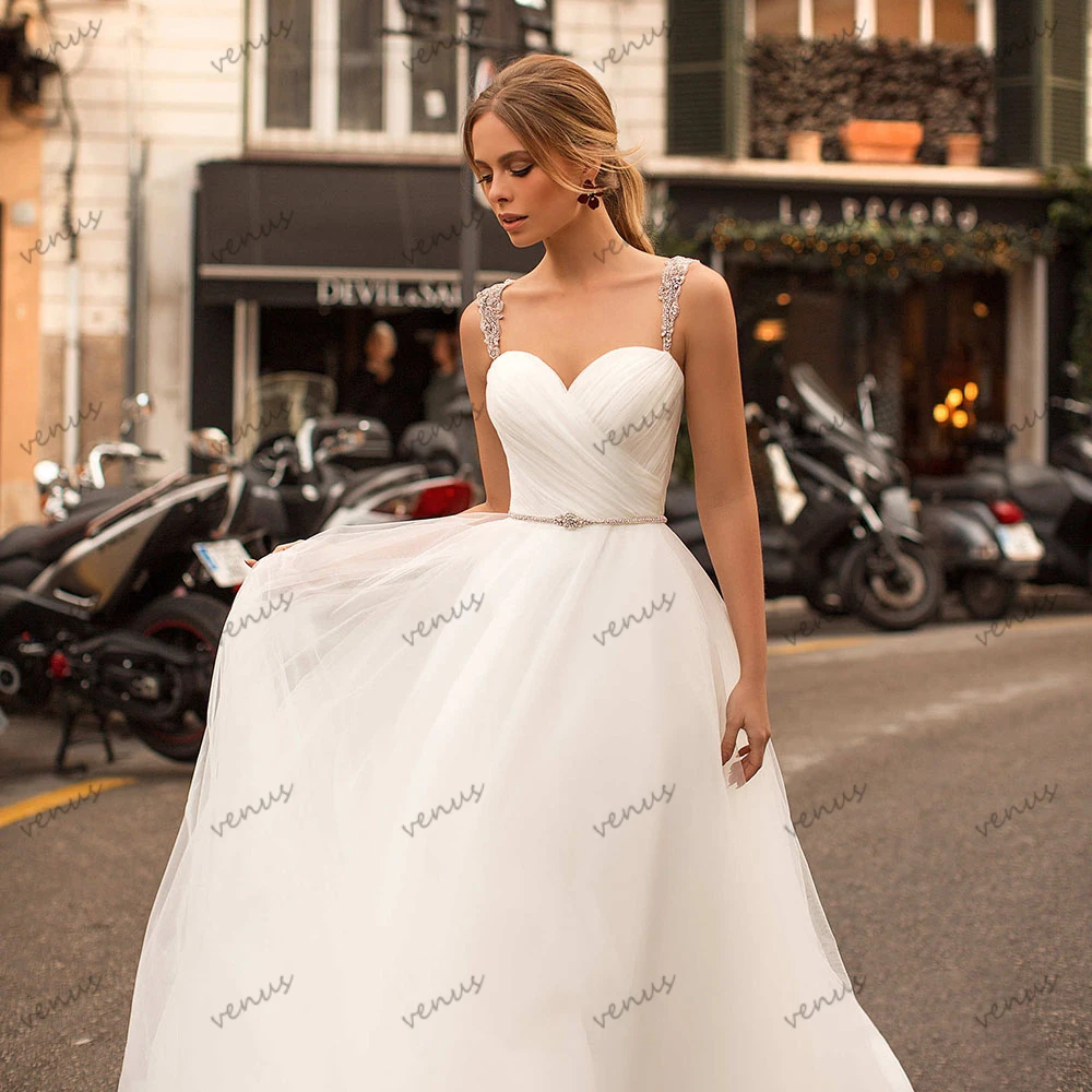 Vestidos De Novia clásicos, elegantes Vestidos De Novia con tirantes finos, apliques De cuentas, línea A, tul escalonado, 2024