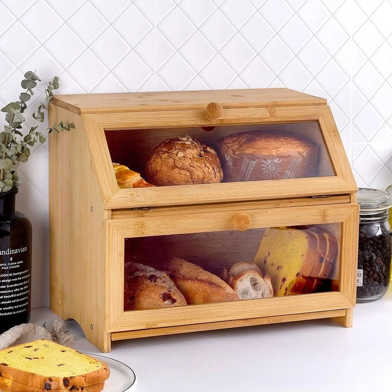 

Large 2-Layer Bamboo Bread Box for Kitchen Counter Rectangle Wooden Bread Storage Bin Lacquer Technique High Capacity Food