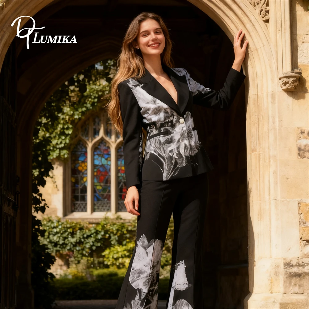 

Костюм из двух предметов с абстрактным цветочным принтом для женщин, облегающий маленький костюм, куртка и брюки-клеш, костюмы для вечеринок с настоящими фотографиями