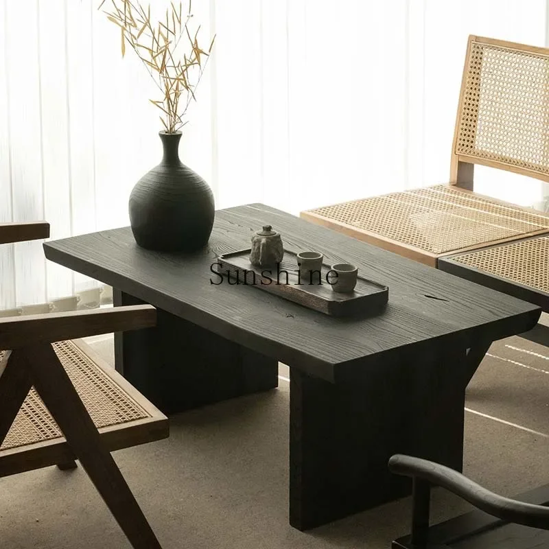 

Wabi Sand wind carbonized black solid wood coffee table Japanese balcony bay window tea table