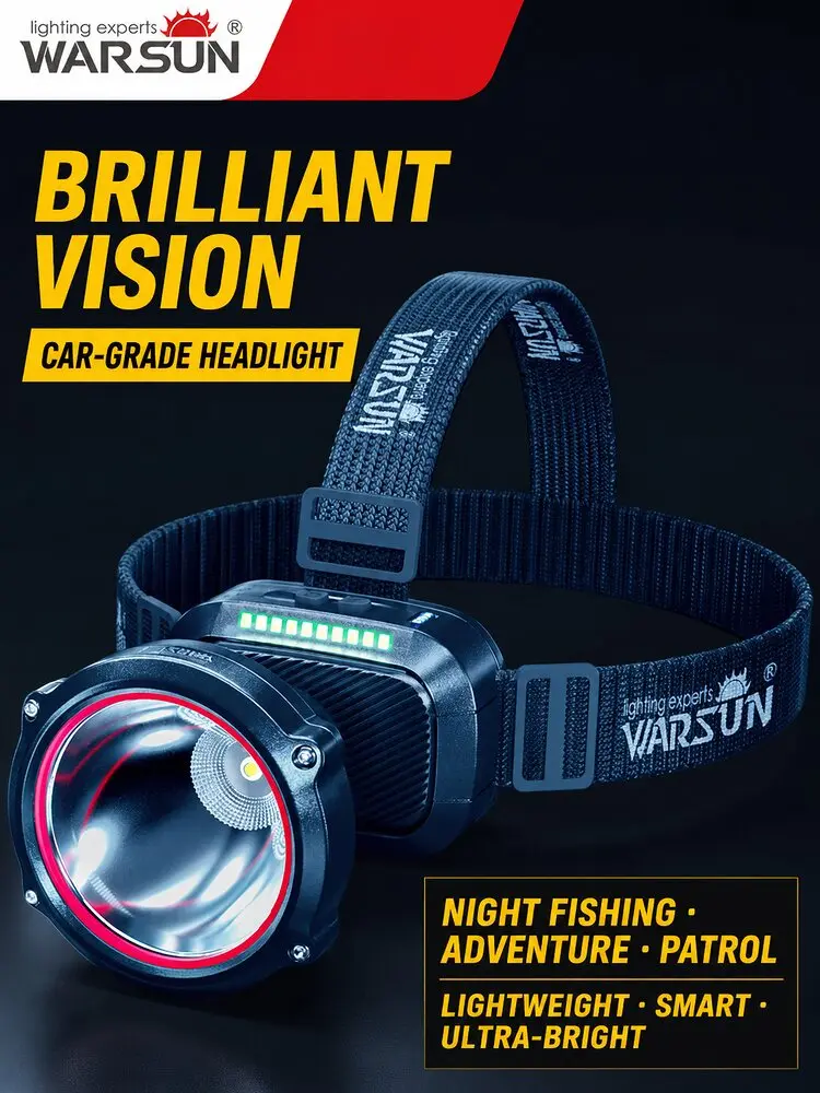 WARSUN MF01 Rechargeable Sensor Headlamp, Ultra-Bright Long-Runtime LED Head Torch for Night Fishing, Camping and Outdoor Use
