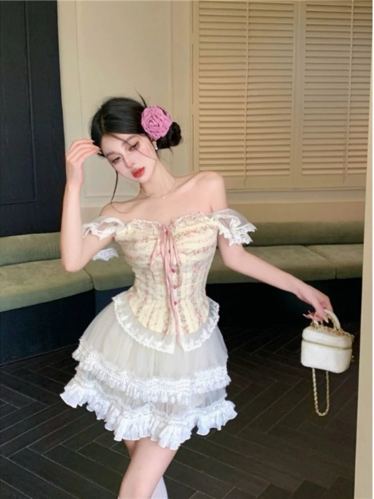 Sweet Kawaii 2 Piece Skirt Sets Women Casual Y2k Corset Tops + Lace Mini Skirts Japanese Lolita Suits Female Elegant Clothing