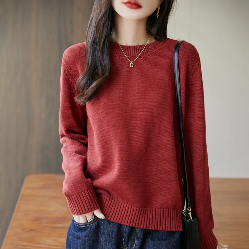 

Женский вязаный свитер из 100% чистого хлопка, однотонный пуловер с круглым вырезом, свитер из чистого хлопка, новый осенне-зимний топ
