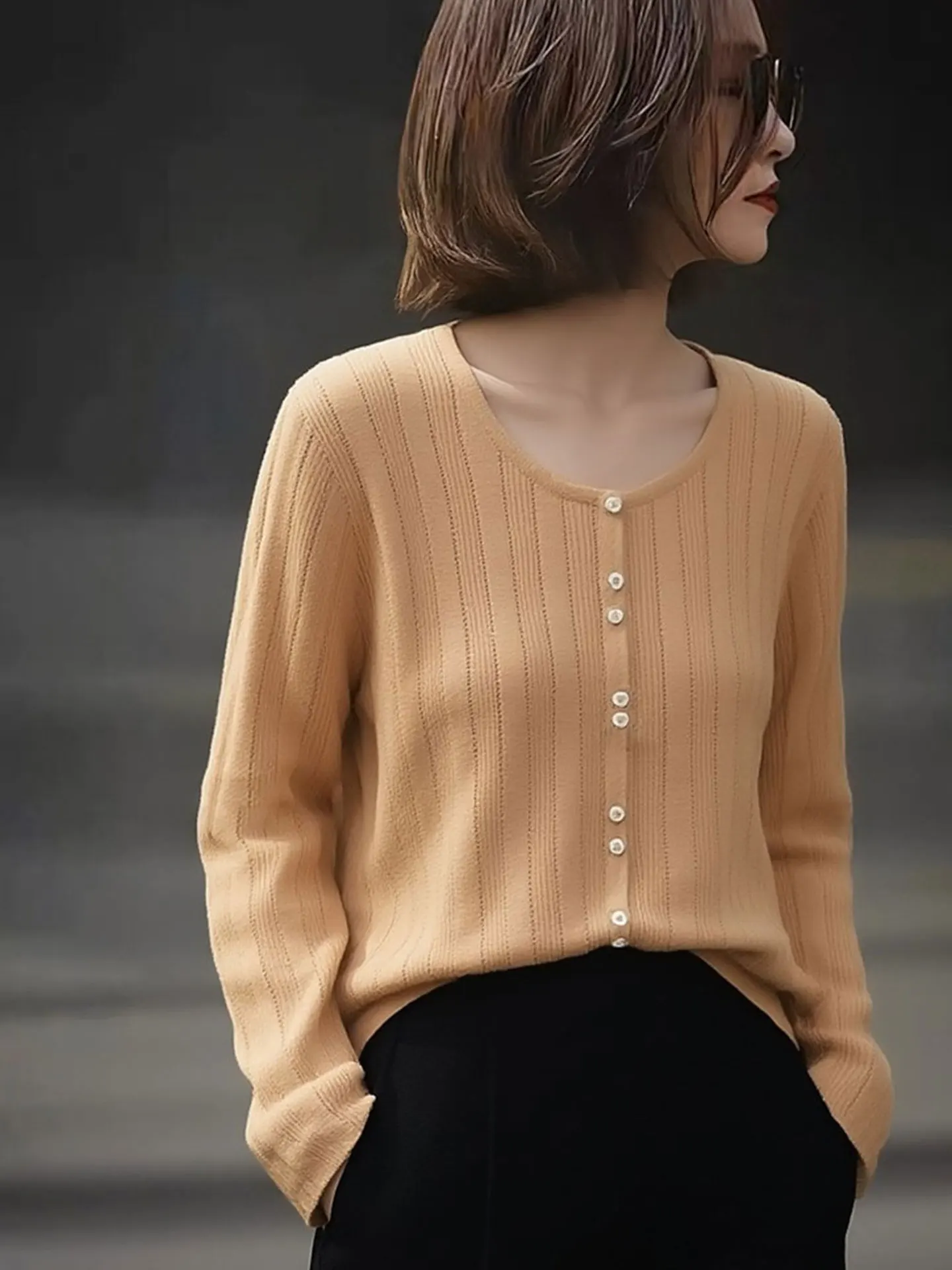 

Ele Color Long Sve Knitted Open Cardigan Casual Single Button Spring Faion Women's Sweater Top High End Europe...