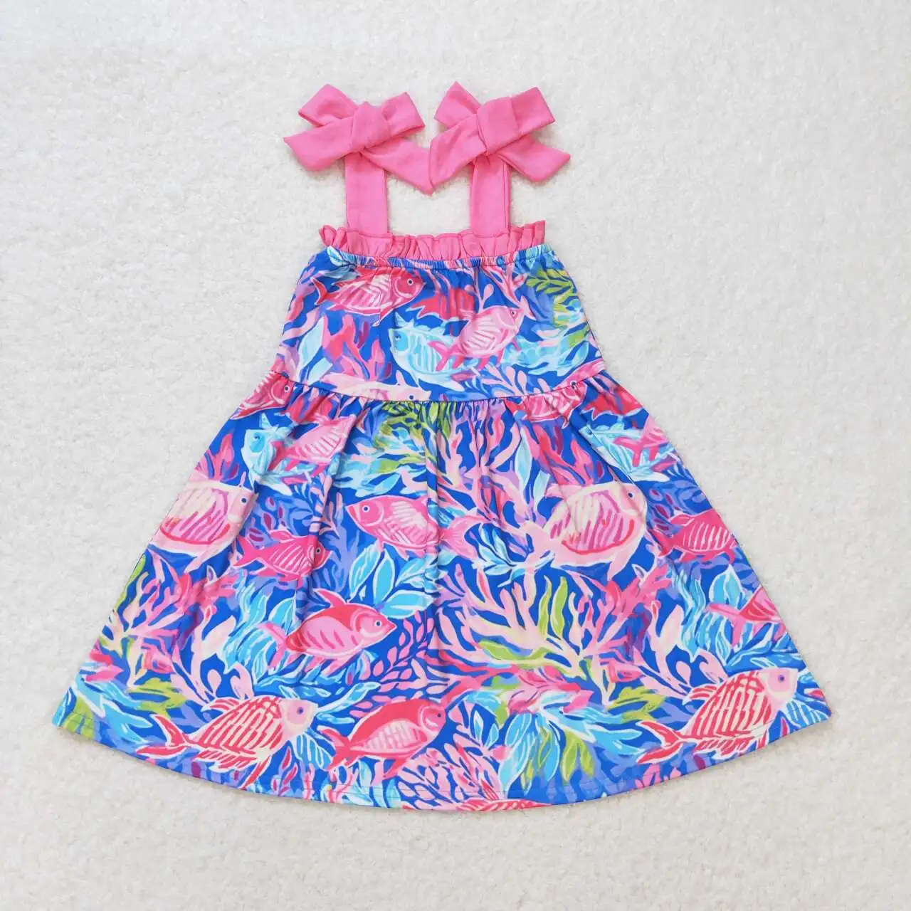 New Fashion Summer Baby Girls Seaweed And Fsh Pink Lace Suspender Dress Wholesale Children Skirt Clothes RTS