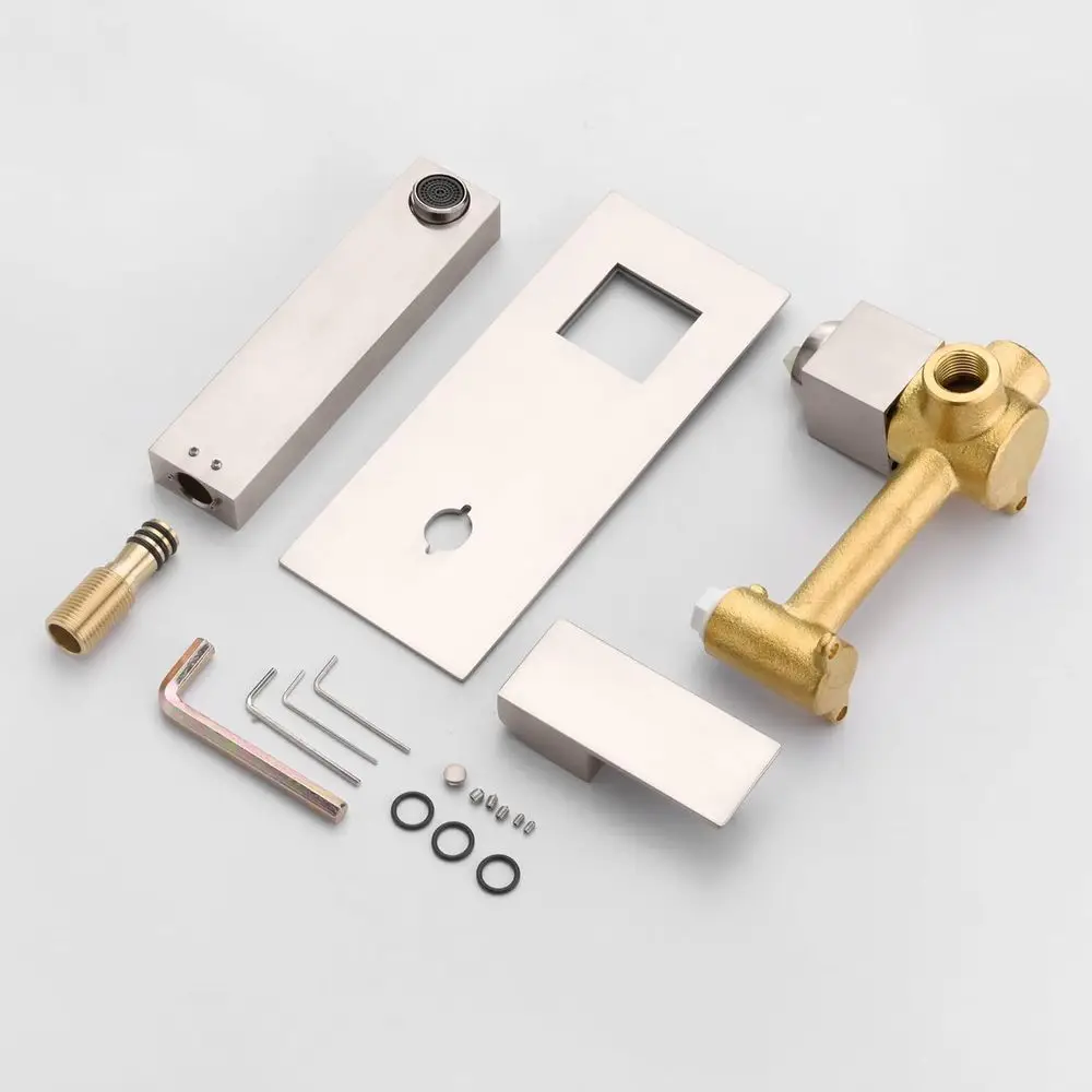 Rubinetto per lavabo a parete con maniglia singola per mancini con valvola grezza in finitura nichel spazzolato