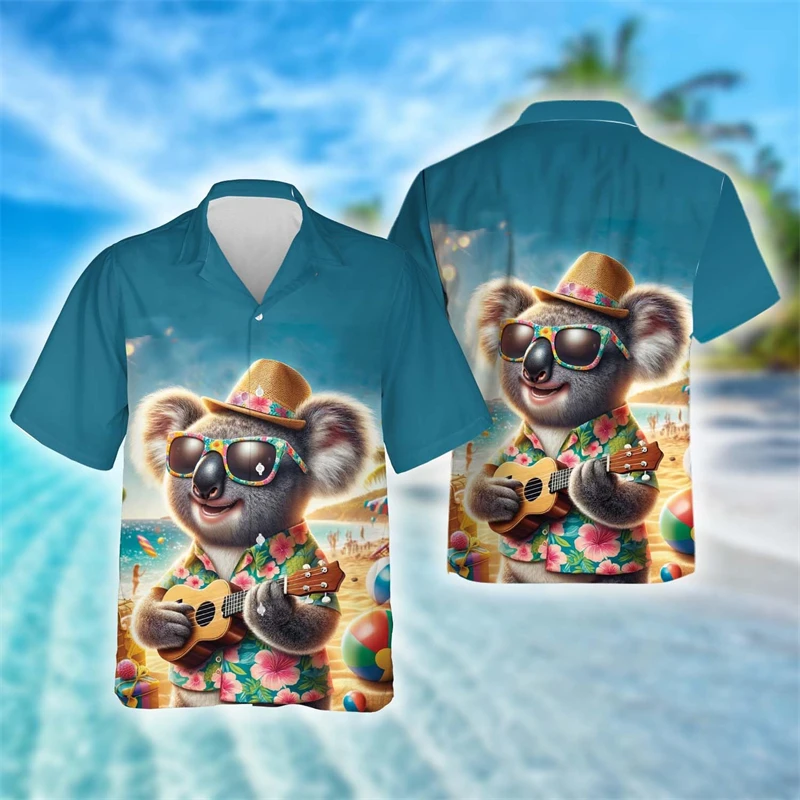 Cute Koala Bear Graphic Beach Shirts Funny Kawaii Design Lapel Blouse Hawaiian Aloha Vacation Women Blouses Australi Animal Tops