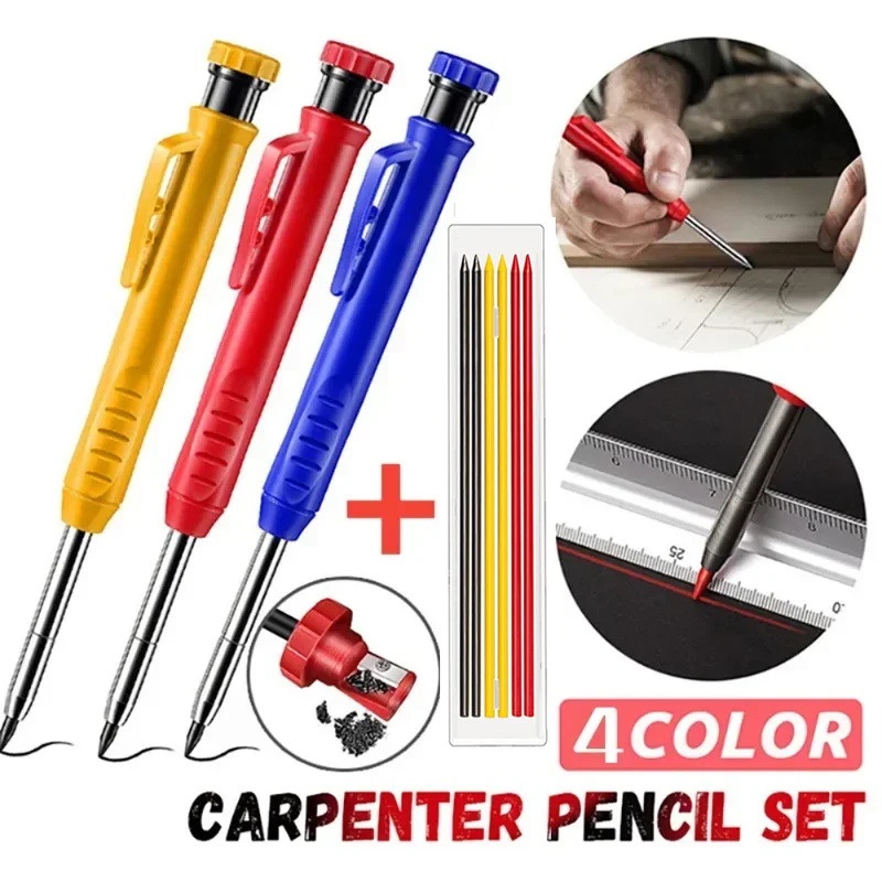 Metal Solid Carpenter Pencil Set with Refill Leads Built-in Sharpener ...
