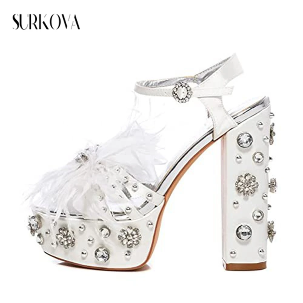 Bejeweled High Heel Sandals Ornate Feather Narrow Band Platform Open Toe Sandals Solid Slingback Chunky Heels Women Dress Shoes