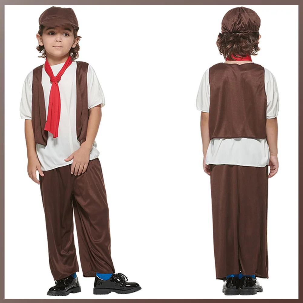 Medieval Victorian Cosplay Conjunto Completo para Crianças, Poor Boy Work Costume, Representação, Chapéu, Pescoço, Gravata, Colete, Calças, Vestuário, Fato de Halloween