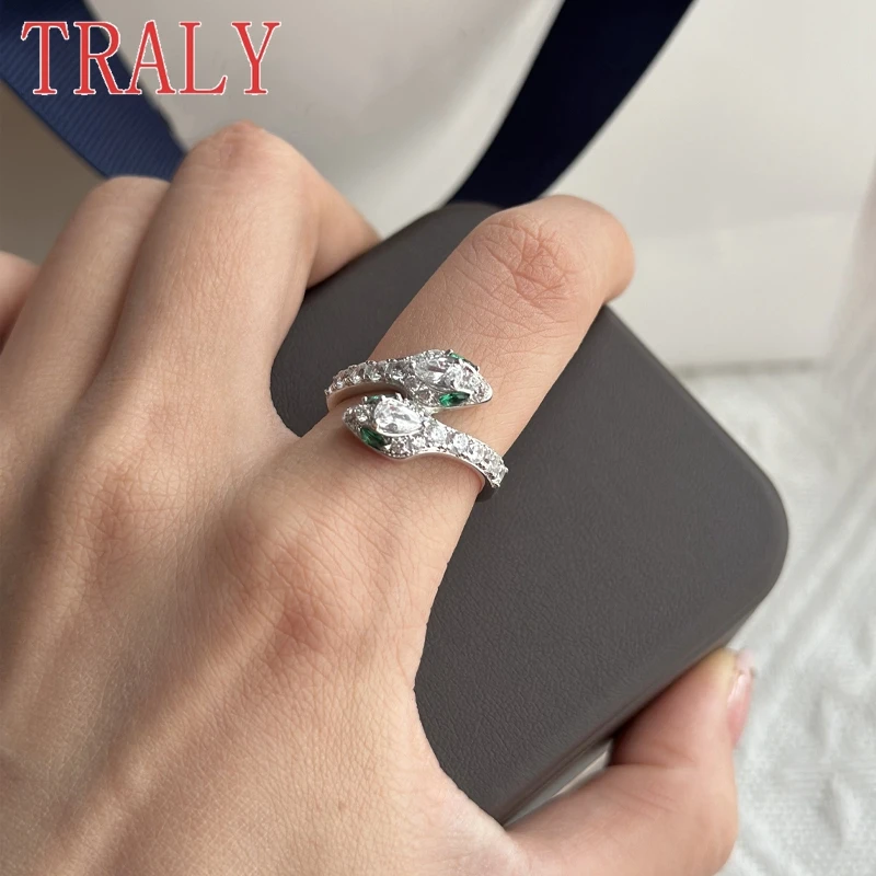 925 Sterling Silver Double Snake Head Ring for Women Inlaid Zircon Opening Ring White Gold Colour High Quality Jewelry Gift