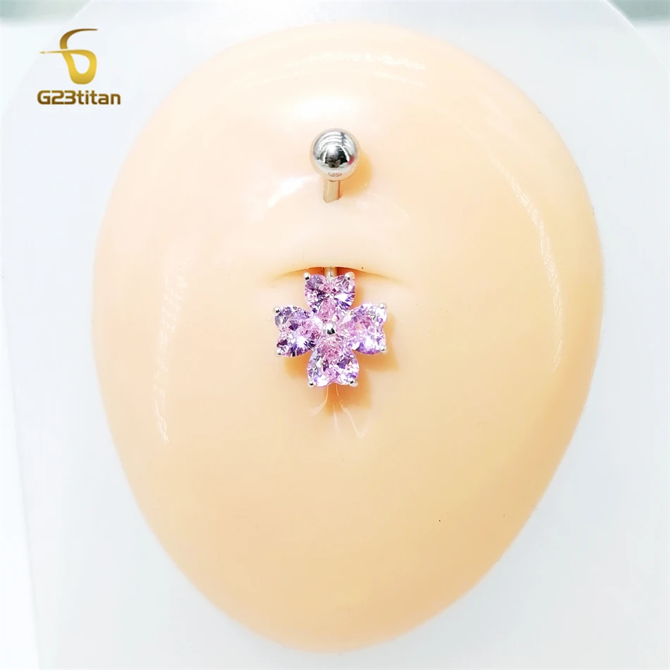 G23titan Bright Crystal Clover Belly Button Ring for Women Love Heart Petal Zircon G23 Titanium Body Piercing Jewelry Navel Bar image 5