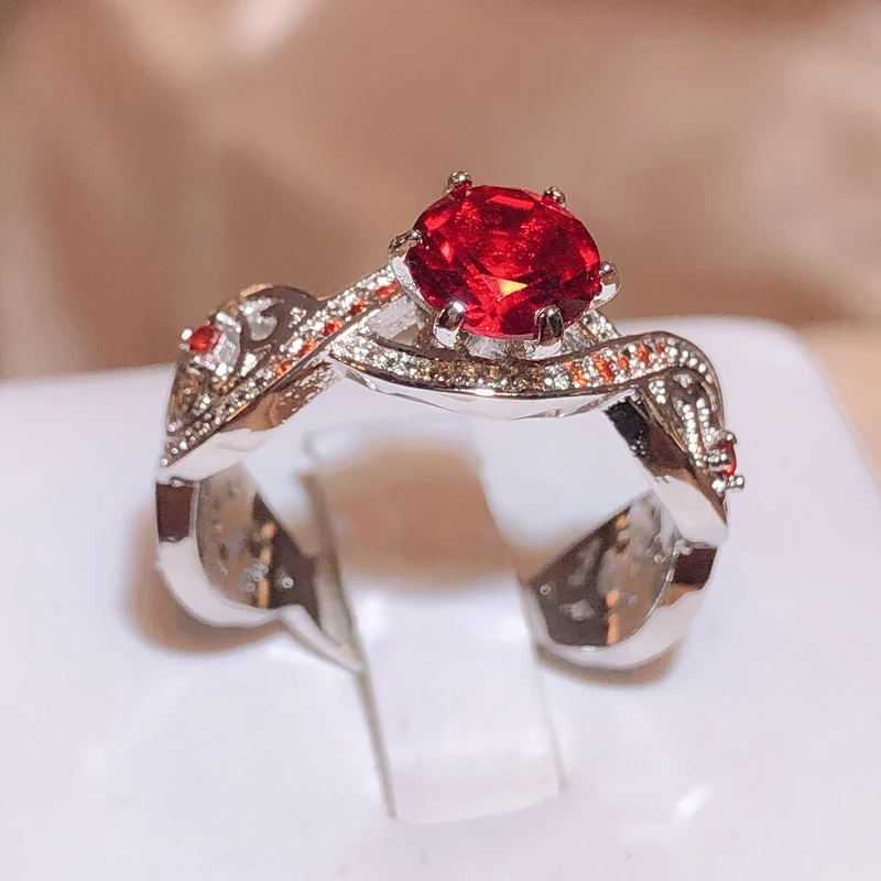 Đầm Đỏ Pha Lê Nhẫn Đính Đá Zircon Màu Bạc Nhẫn Cưới Rỗng Trang Sức Nữ Bé Gái Tặng Thả Vận Chuyển Mới