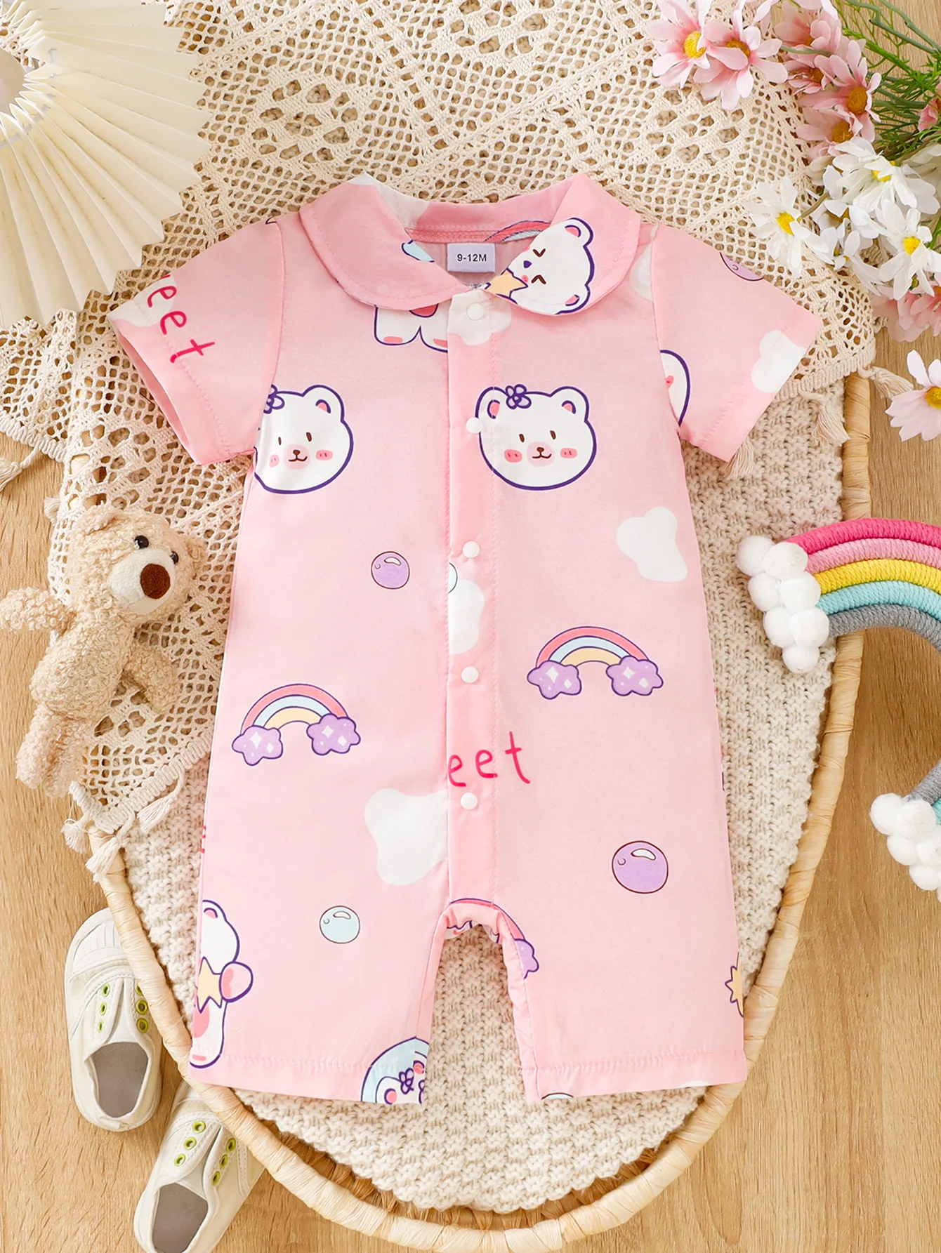 Baby-Mädchen Frühling Sommer Kurzarm-Baumwoll-Strampler 0-12 Monate Weich Sanft Hautfreundlich Süßes Rosa Cartoon-Muster Tägliche Kleidung