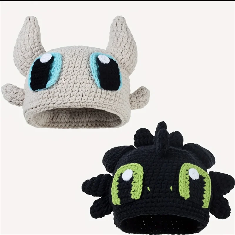 

Pure Handmade crocheted New Monster style pattern Hat cute Winter Knitted Hats Green Party Funny Cap for Women Men