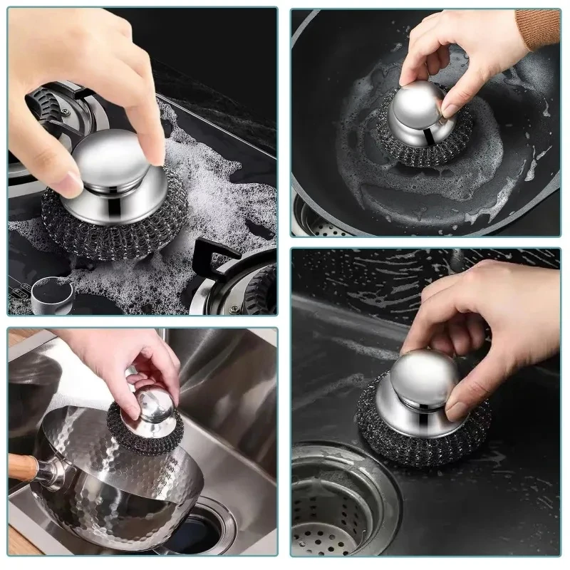 Edelstahl Topfbürste mit Griff robuste Metalldrahtkugel Reiniger Hochleistungs Reinigungswerkzeug für Geschirrspülung langlebig für Hausküche entfernt angebrannte Rückstände an Töpfen Pfannen Küchenutensilien vielseiti – Detail 12