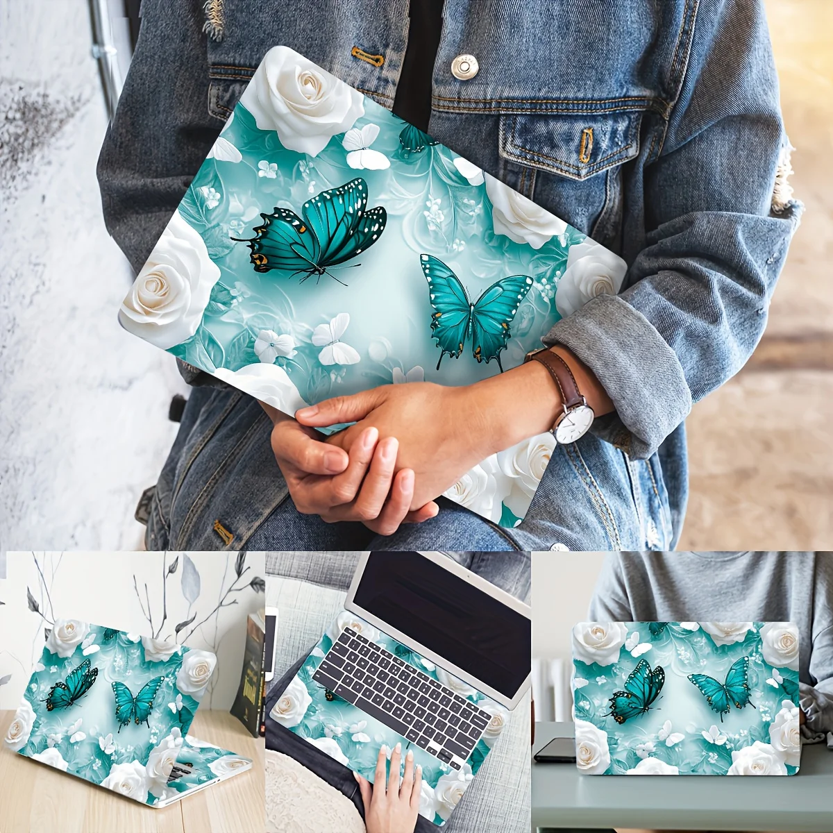 

A set of 2 vinyl laptop cases with a butterfly floral design that is scratch resistant and durable, perfect for artwork. They