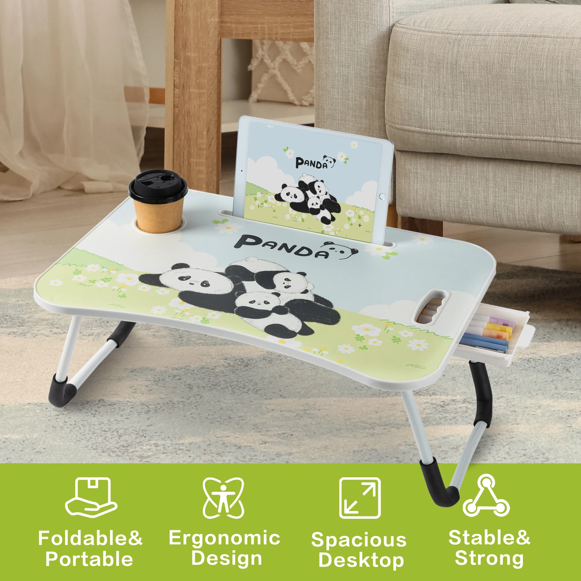 

Складной стол Deli 23,6 дюйма, портативный поднос для ноутбука с подстаканником, ящиком и прорезями для кровати/дивана