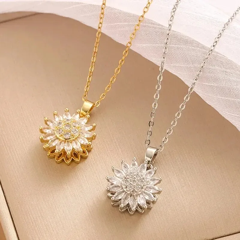 Trendy Rotation Spin Sunflower Stainless Steel Zircon Necklaces For Women Metal Crystal Necklace Party Birthday Gifts Jewelry