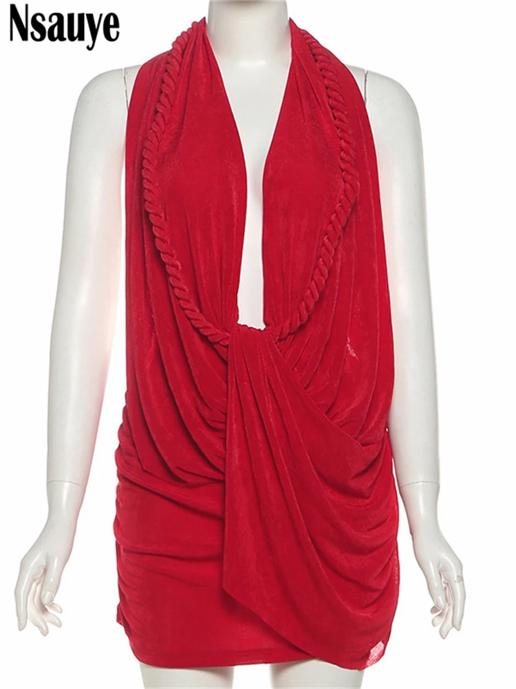 Nsauye 2025 invierno mujeres vacaciones acanalado Halter corte bajo vestido corto envolvente moda Mini Sexy vestido de noche de fiesta Club nocturno