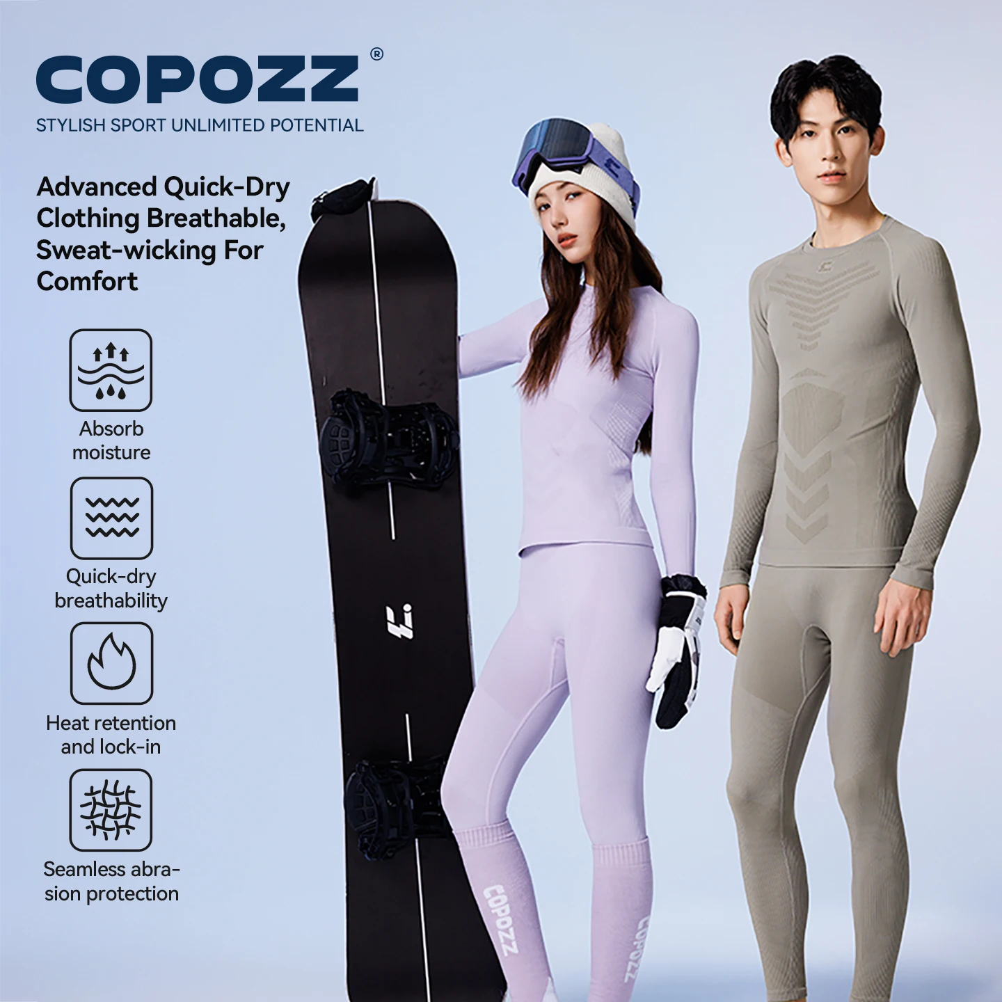 

COPOZZ Ski Quick-Drying Underwear Set Winter Sports Moisture-Wicking Soft Solid O-neck Outdoor Thermal Underwear Women Men Sets