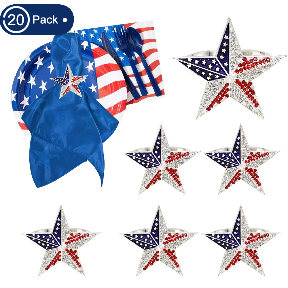 20Pcs Independence Day Napkin Rings Silver Rhinestone Star Napkin Buckle for American Memorial Day Veteran Day Party Supplies