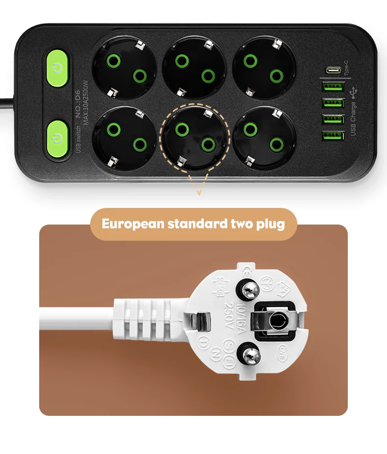 EU-Stecker Mehrfachsteckdose mit 2m Verlängerungskabel, Elektrische Steckdose mit Smart-USB, Überspannungsschutz und Netzwerkfilter für Zuhause und Büro – Detail 7