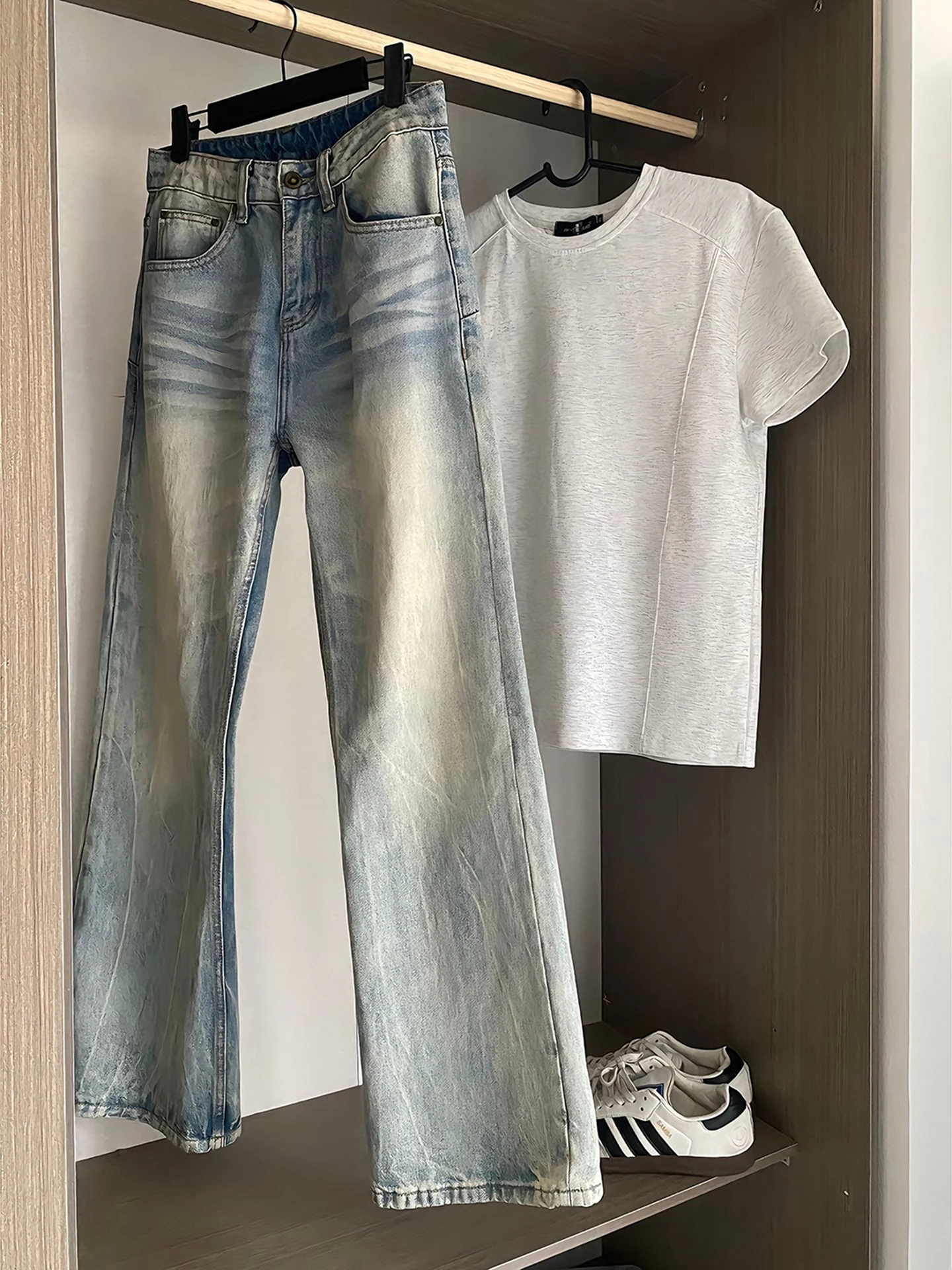 

Мужские джинсы Waed Vintage Blue: весенние американские расклешенные брюки Cleanfit, стильные уличные, стройнящие, прямого кроя, длинные штаны