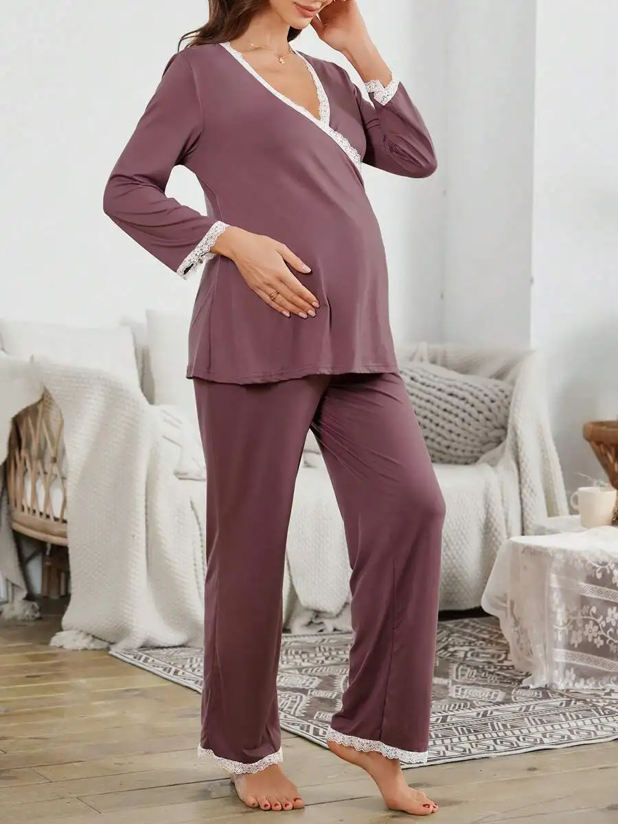 

Maternity Lace Trim V-Neck Long Sleeve Pajama Set For Women