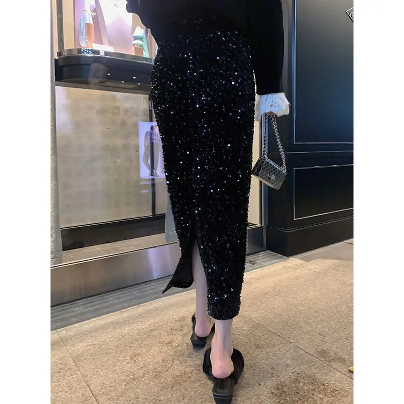 Starry Sky Sparkling Gold Velvet Black Autumn/Winter Glitter Medium Length Straight Tube Half Length Skirt