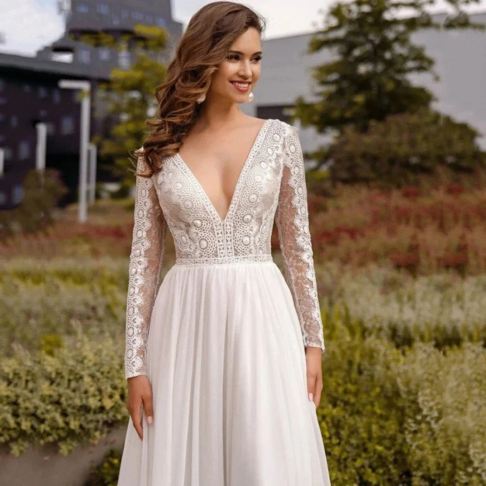 Fashion simple sexy V-neck A-line wedding dress sexy long sleeve decal strapless halter Beach Auditorium new bridal dress 2024