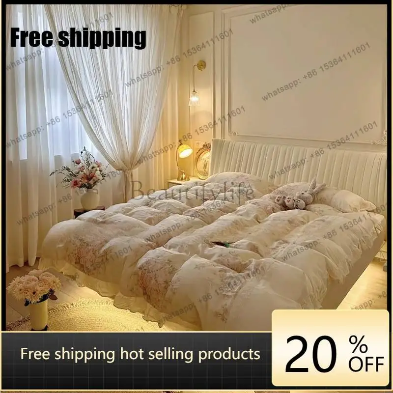 LJY Lamp Decoration Double Bed Nordic Designs Soft Floating Luxury Double Bed Modern Japanese Adults Cama Queen Bedrooms Furnitu