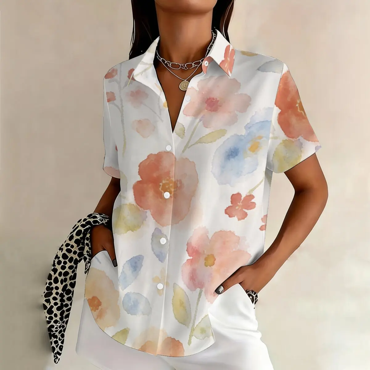 

Summer women's plus-size short-sleeve shirt with soft watercolor-style flowers, fresh, romantic, casual and girly, suitable