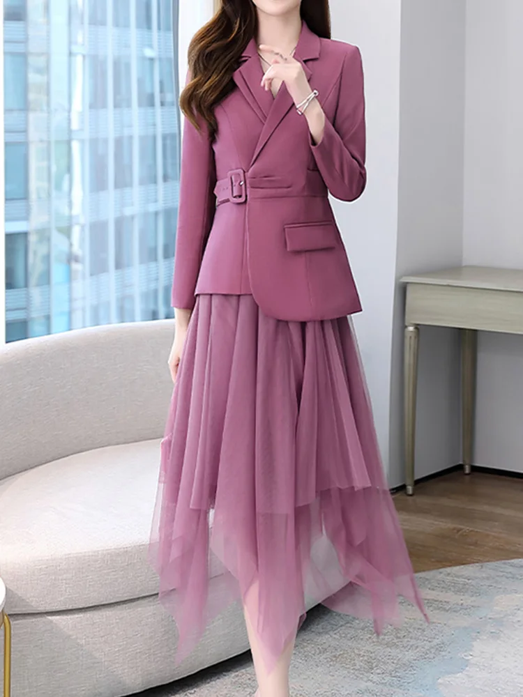 ZJYT Business Office Blazer Suits Mesh Skirt 2 Piece Dress Sets Women Outfit Elegant Spring Autumn Conjuntos De Falda Vestidos