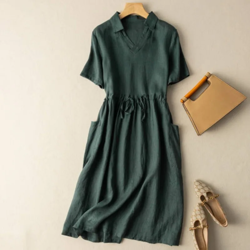 

Korean Style Vintage Summer Midi Dresses Literary High Waist Drawstring V-Neck Solid Dresses for Women Vestidos Para Mujeres