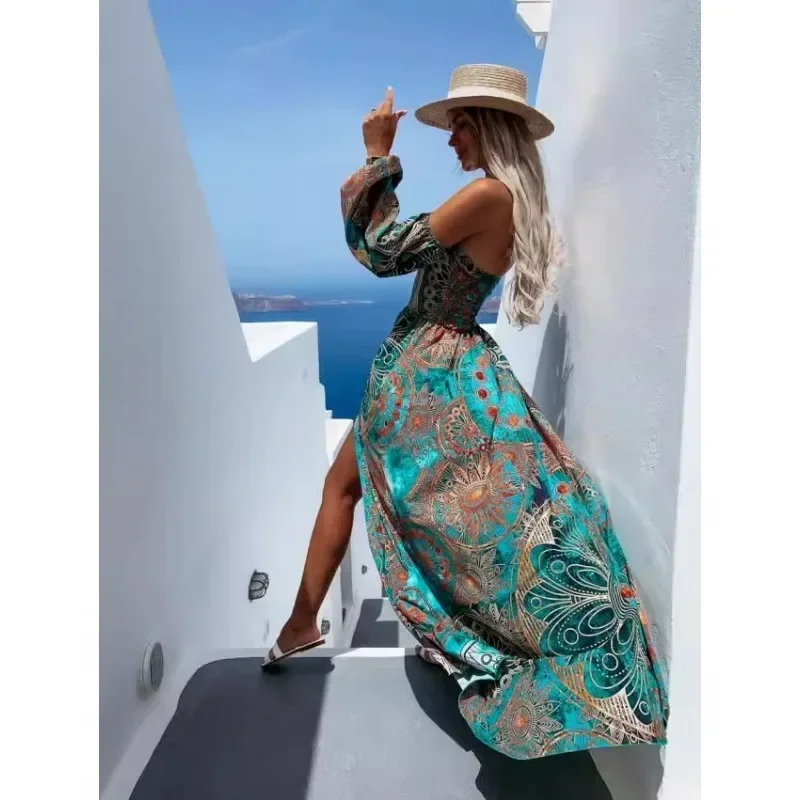 Nuovo abito lungo stampato senza spalline a maniche lunghe con collo a una linea che crea un vestito bianco dall'aspetto rilassato e alla moda