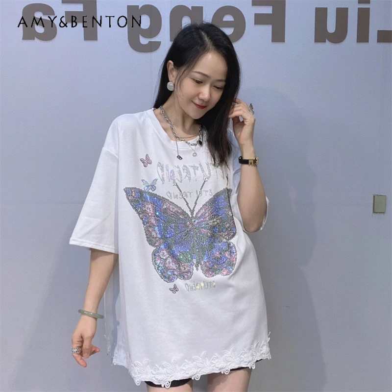 

European Style Y2k Lace Splicing Short-sleeved Top Women's Summer Loose Oversized Rhinestone Loose And Thin Half-sleeved T-shirt