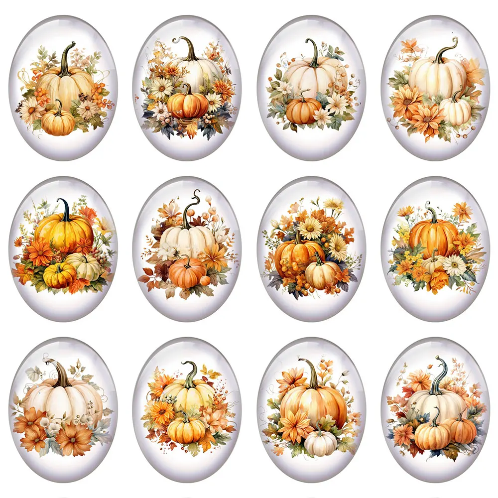 

10pcs/lot Autumn Fall Thanksgiving Pumpkin Flower Oval Photo Glass Cabochon Flatback Charms Cameo For Diy Jewelry Making