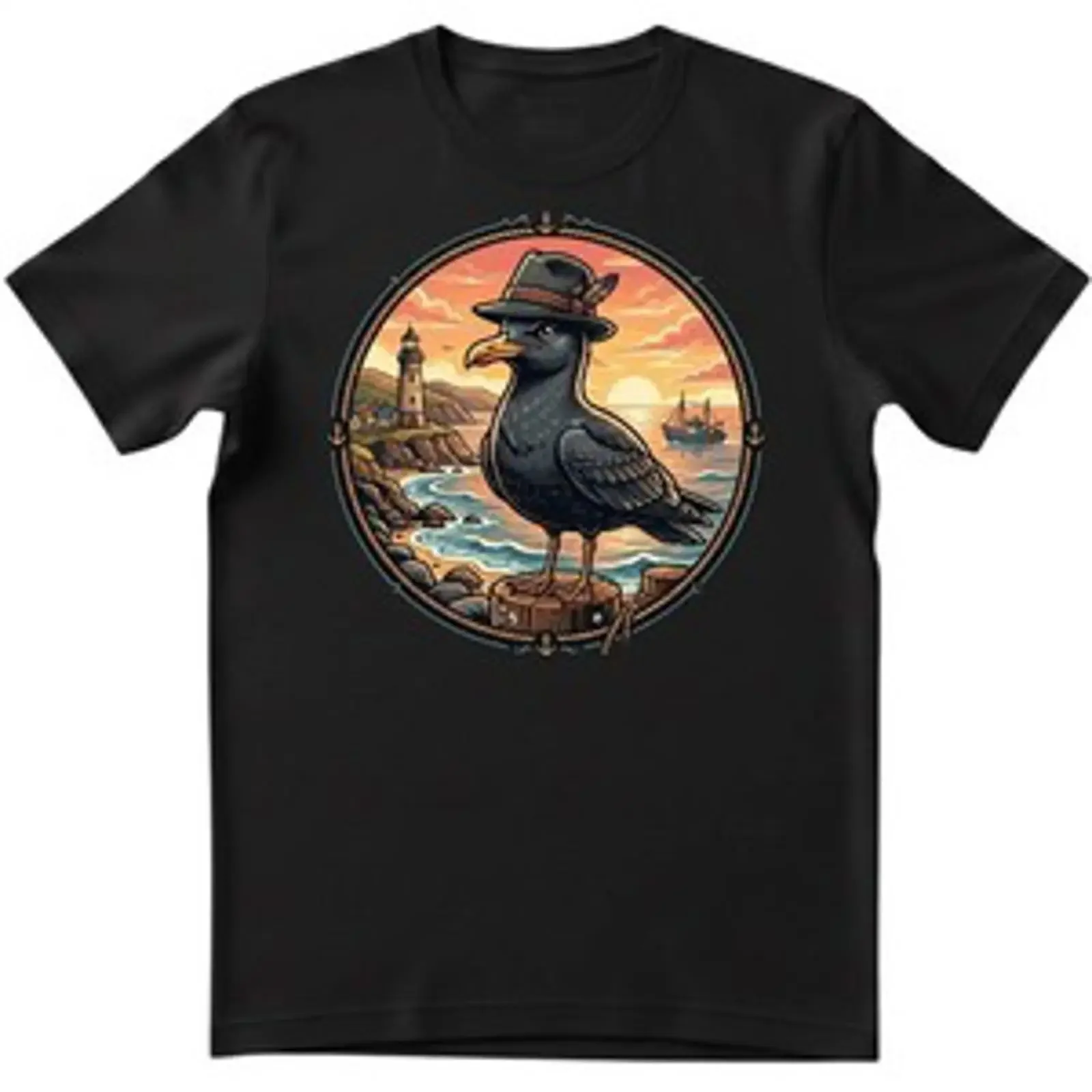 Camiseta Herren con diseño de gaviota, faro, costa, mar, arte marítimo del norte de Alemania, regalo vintage, estilo lavado, unisex, streetwear, suave