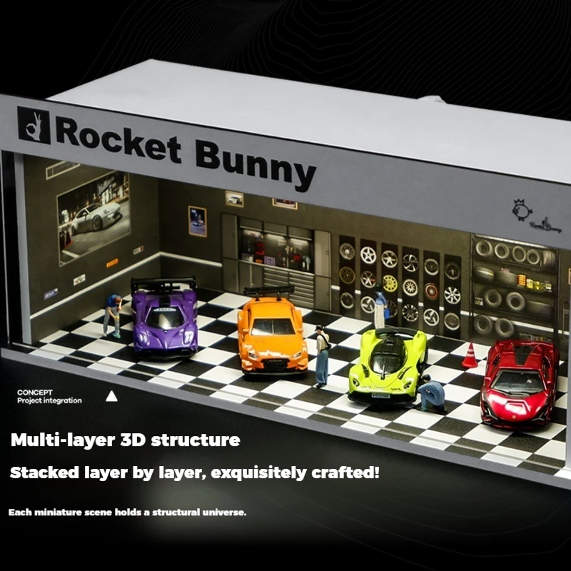 Coletor 1:64 modelo de cena em miniatura de oficina de carro, simulação de estacionamento com luzes, caixa de exibição de armazenamento de garagem