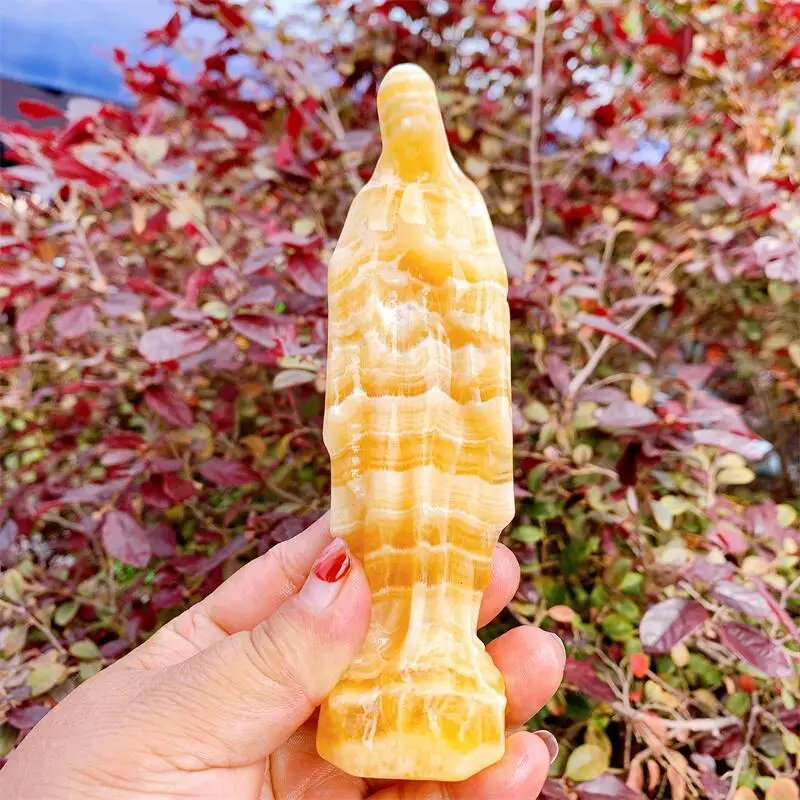 

12cm Natural Yellow Calcite Madonna Crystal Carved Healing Energy Stone Fashion Tabletop Decoration Ornament Birthday Gift 1pcs