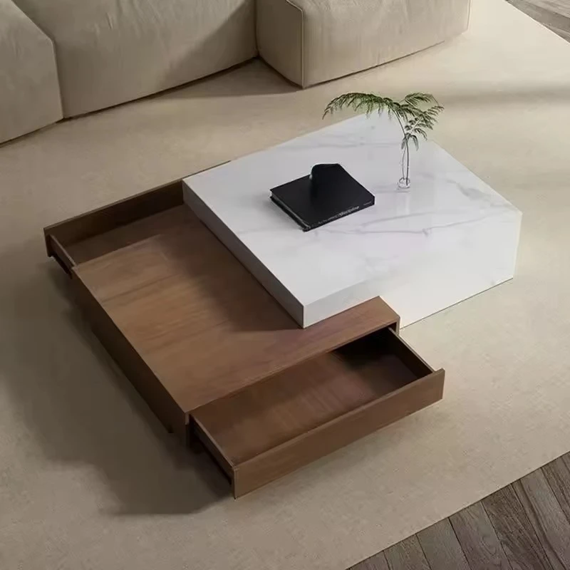 

Modern luxury marble wood square coffee table set with drawers retractable durable eco-friendly home living room