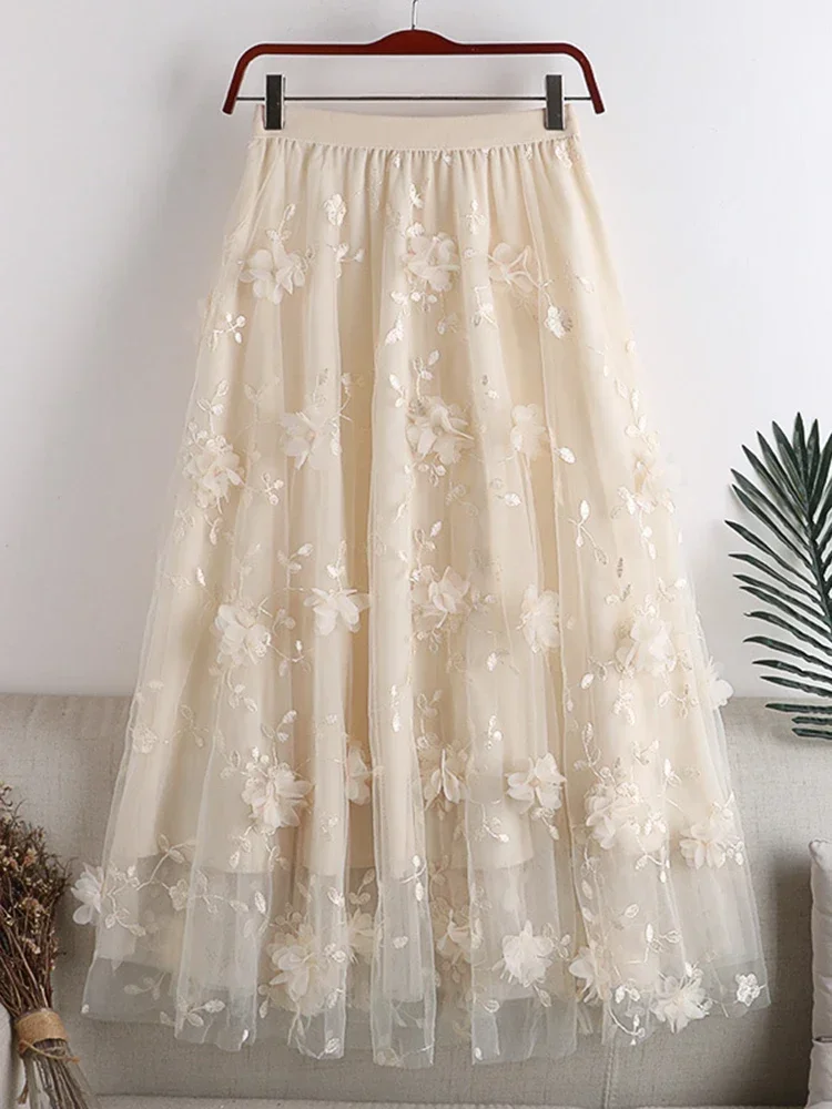 Embroidered Floral Spliced Mesh Skirt Women Casual Elastic High Waist A-line Skirts Fashion 2024 Autumn New Fashion L640