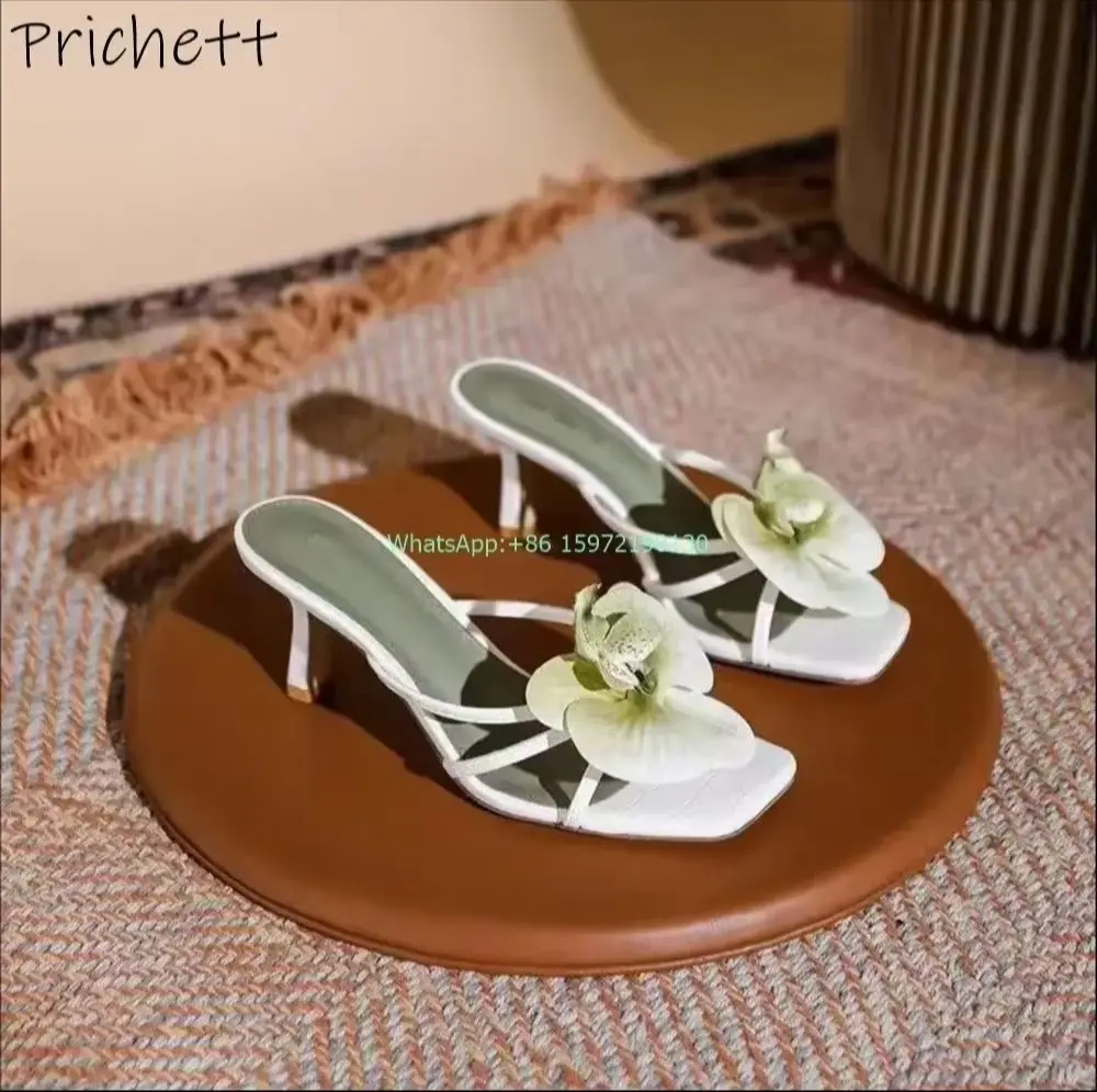 

Gradient Flower Kitten Heels Slippers Narrow Band Slip On Mixed Color Light Pink Shoes Ladies Outdoor Sweet Vocation Shoes