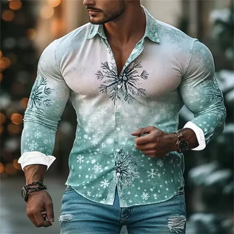 2025 Men's Happy New Year Santa Claus Casual Men's Button up Shirt Long Sleeve Evening Party Daily Autumn/Winter Spring/Summer C