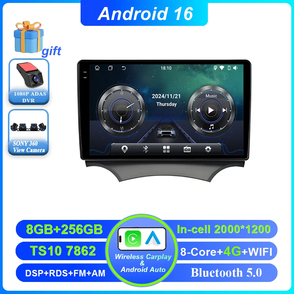 Android 16 Carplay voor Ford Ka 2008 - 2014 autoradio stereo multimediaspeler videospeler GPS navigatie QLED touchscreen 4G DSP