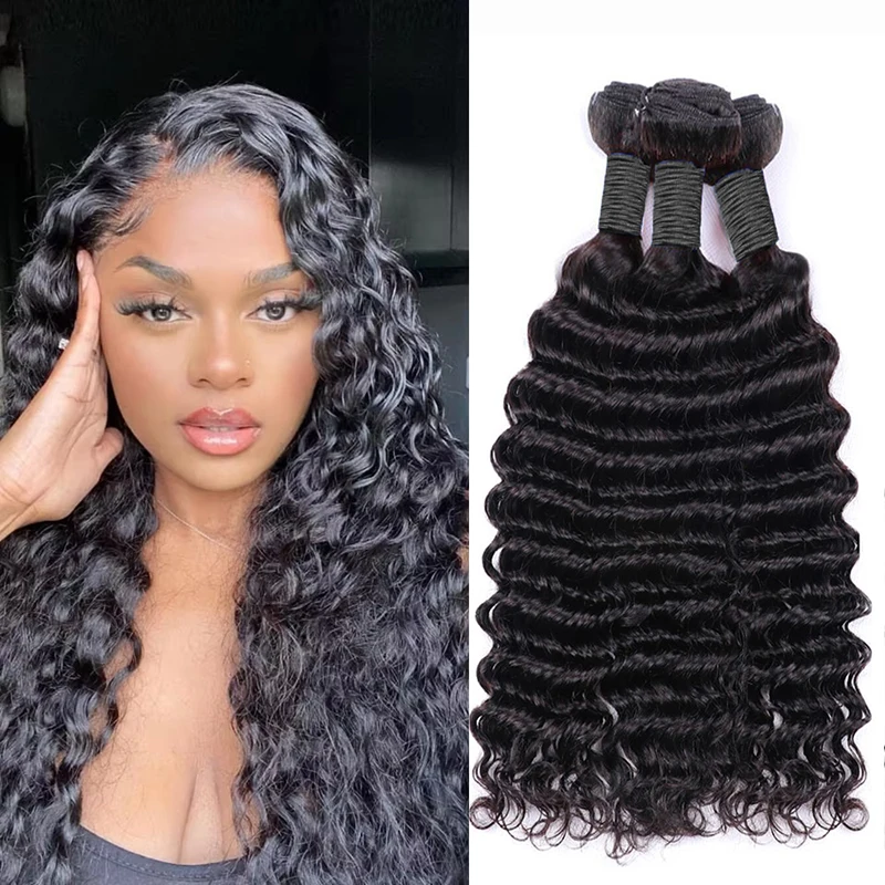 30-40 Inches Human Hair Bundles Natural Black Deep Wave Brazilian Human Hair Weave Bundles Virgin Hair with Closure